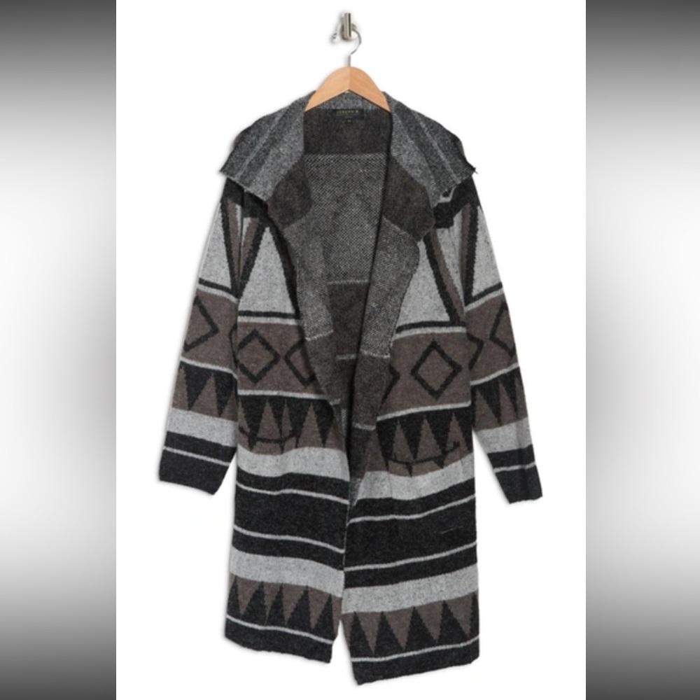 Joseph Abboud- NWOT - Drape Collar Open-Front Long Cardigan - Grey Geo Stripe